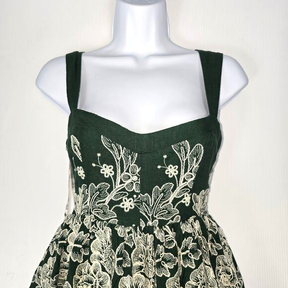 Maaji Mini Dress Green with Ivory Embroidered Flowers Smocked Back Straps M NEW - Picture 3 of 10